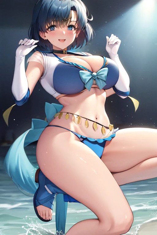 masterpiece, best quality, beautiful art, high resolution, well formed hands, body and fingers, 1 woman, solo, Sailor Mercury, blue makeup, sailor senshi uniform, elbow gloves, sailor collar, grown up, arabian belly dancer, adult, large and round breasted, cleavage, hair ribbon, full body, sexy and skimpy arabian belly dancer outfit , gorgeous legs and thighs , doing exercise, warming up, working out, sexy and captivating training, smiling joyfully and happily , looking at the viewer, , sweating , bouncing breasts, bikini thong,  training montage session, beach environment      
