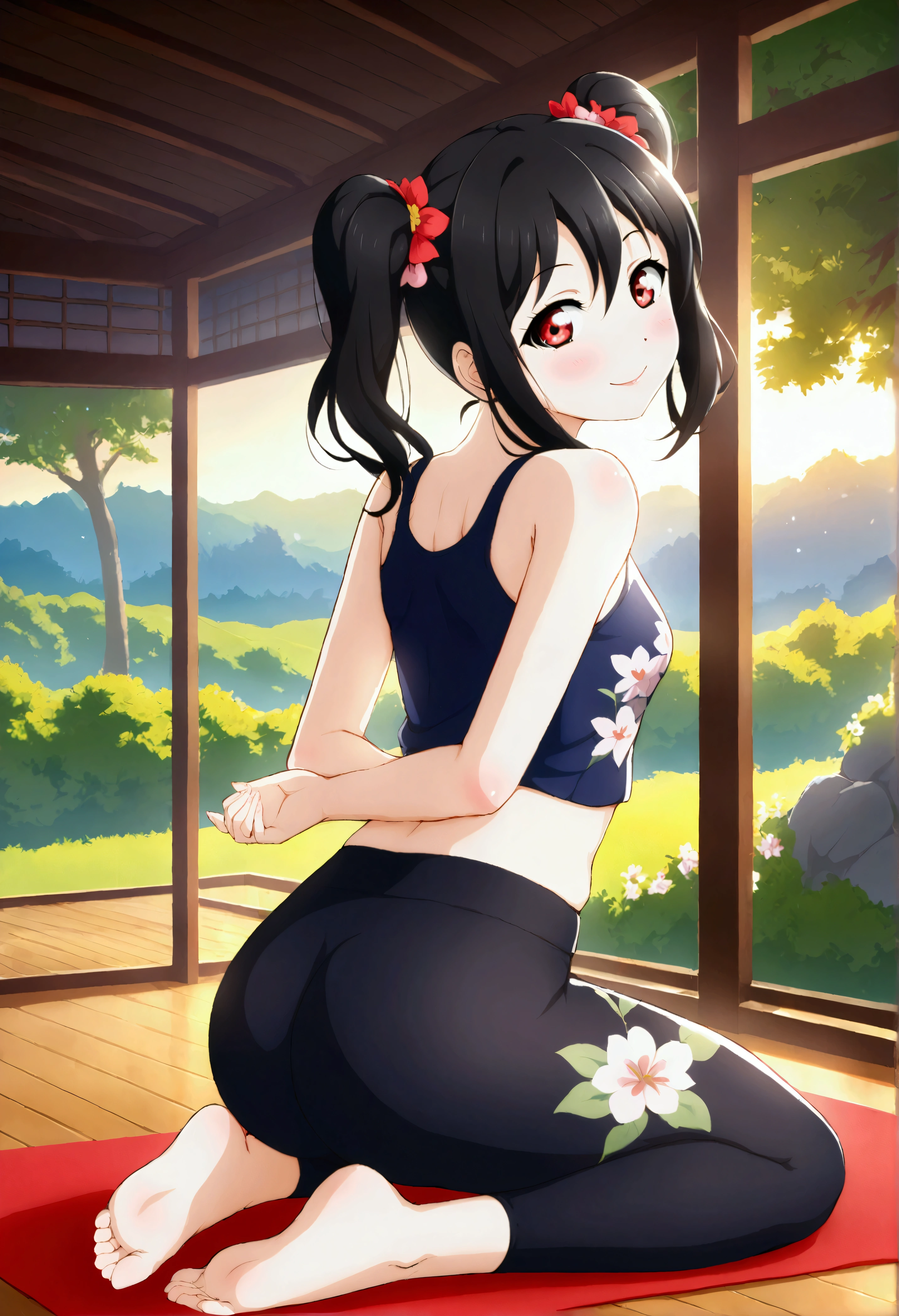 masterpiece, best quality, from behind,yazawa nico, black hair, twintails, red eyes, volumetric lighting, illustration, beautiful, tight , Blushing, breasts, looking at viewer, flowers printed tank top, yoga pants,solo, curvy body,floral print, looking back, seductive smile, (arms behind back, head tilt:1.1),(breathtaking scenery:1.1), tree, blushing full body shot