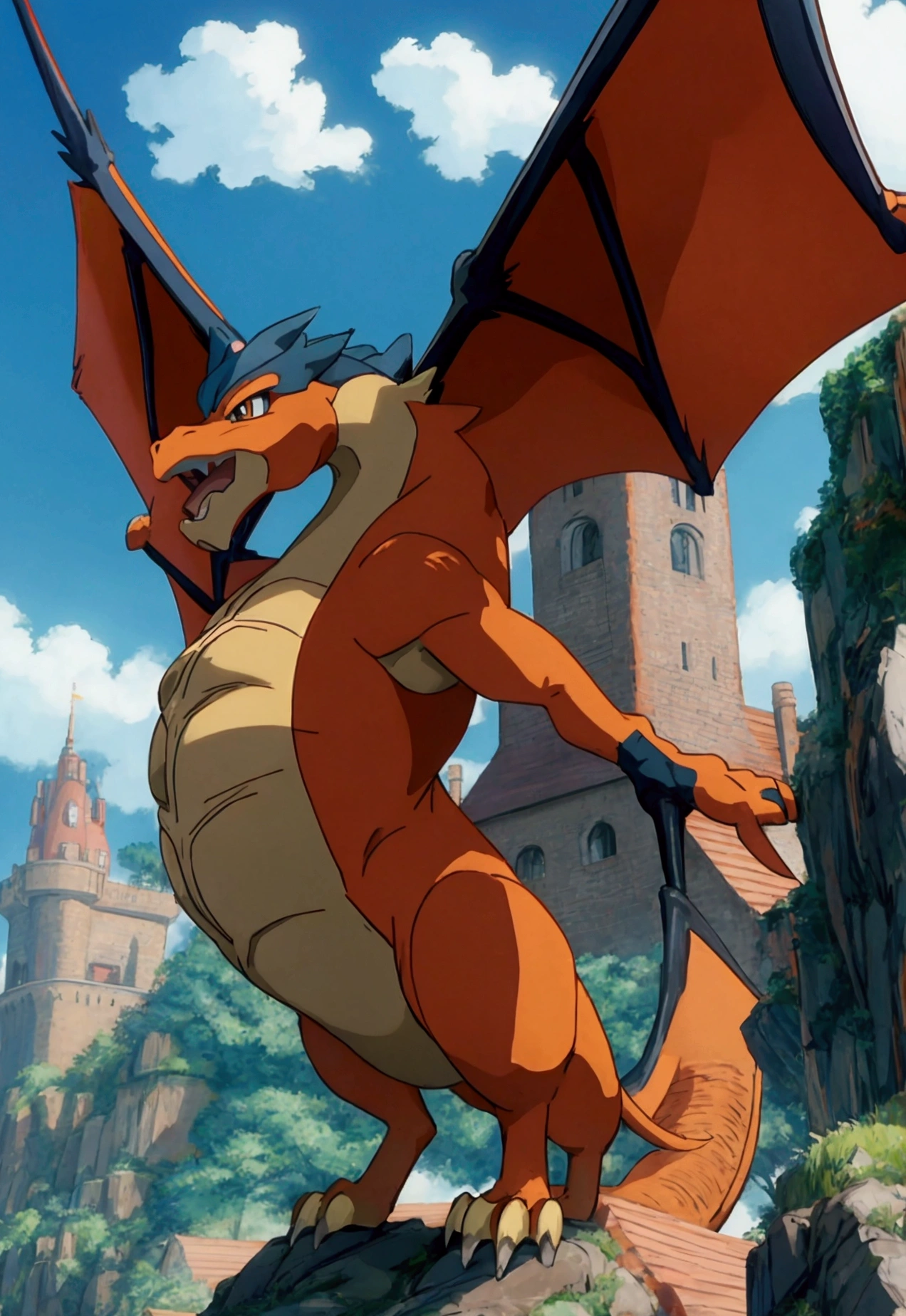 Ghibli　Pokemon Charizard standing on top of a tower