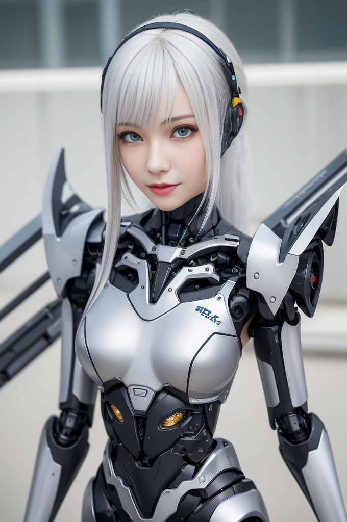 Super Detail, High Detail, high quality, best quality, High resolution,1 female robot,Beautiful female robot,beautiful clear face(Rain waves_haneame:1.5), Realistic, High resolution, Soft Light,Hips up, (Detailed face), silver hair, long hair, Mecha Maiden, Colorful mechanical parts, mechanical joint, Thick mechanical armor,Weaponry, All metal body(Mainly black), Technology Antenna Hair Accessories