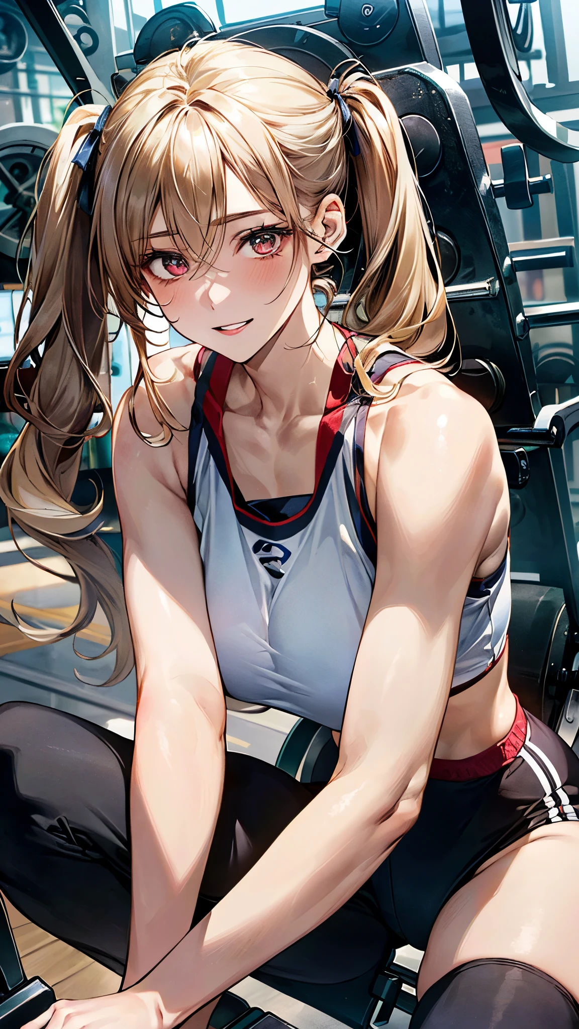 (masterpiece:1.3, top-quality, ultra high res, ultra detailed), (realistic, photorealistic:1.4), beautiful illustration, perfect lighting, colorful, depth of fields, nsfw,
beautiful detailed hair, beautiful detailed face, beautiful detailed eyes, beautiful clavicle, beautiful body, beautiful chest, beautiful thigh, beautiful legs, beautiful fingers,
looking at viewer, upper body close-up, 1 girl, 18 years old, (perfect anatomy, anatomically correct, super detailed skin), perfect face, perfect eyes, cute and symmetrical face, babyface,
(long hair:1.5, twintails, blonde hair), hair between eyes, red eyes, big eyes, long eye lasher, (large breasts, seductive thighs), slender, skinny, shiny skin, glowing skin,
(ports bra, sports pants), erotic, sexy long legs, open chest wide,
(beautiful scenery), midnight, (sports club:1.2, fitness, using smith machine:1.6), table top, elaborate design, (seductive smile, upper eyes, parted lips),