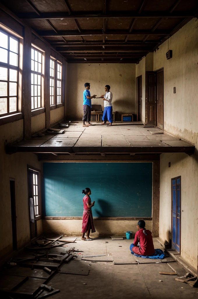 Create a realistic image depicting a Nepali classroom scene where a teacher is helping a student. The teacher, holding an umbrella, is shielding the student from water leaking from the roof of the dilapidated classroom. The student, who looks impoverished, is wearing a blue shirt, black pants, and slippers. The classroom appears rundown, with cracked walls, a leaking roof, and minimal furniture, reflecting the challenging conditions of many rural schools in Nepal. The backdrop should include traditional Nepali elements to emphasize the local setting.