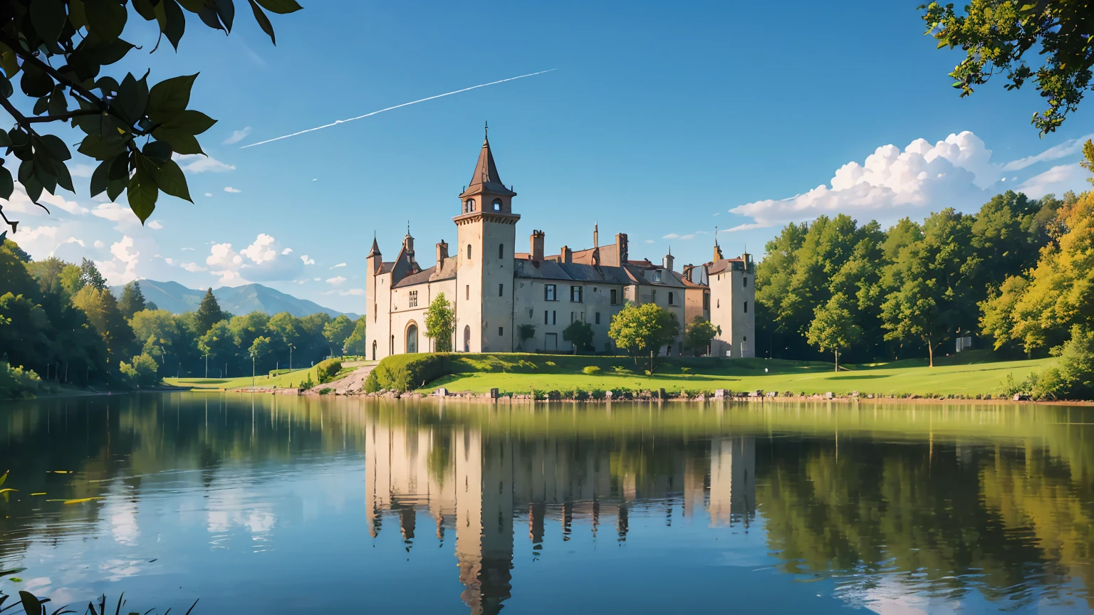 ruined castle facing a lake, where its reflection hits the water and reflects on this in its glory days