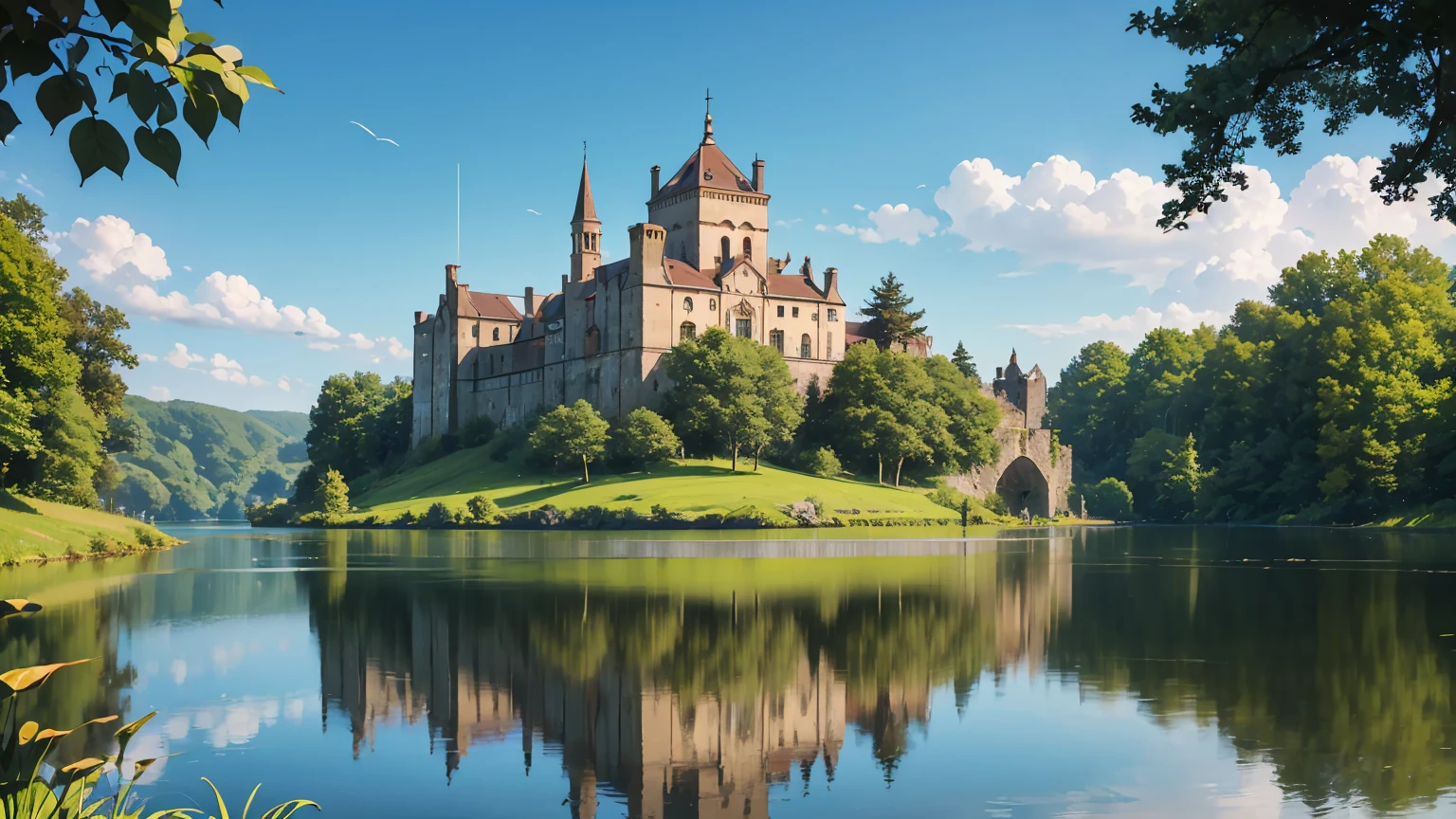 ruined castle facing a lake, where its reflection hits the water and reflects on this in its glory days