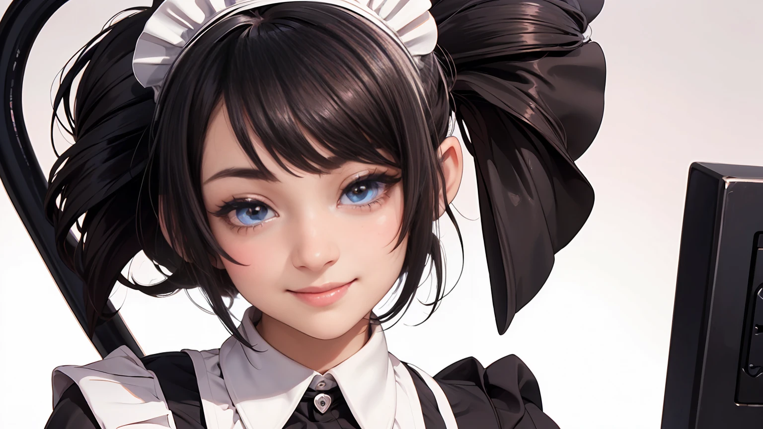 ((beautiful maid:1.5),high resolution, top quality),wearing maid's uniform,soft hands, big bright eyes, dark and vibrant curled hair, sweet smile, rosy cheeks, soft light, pure white background.  
