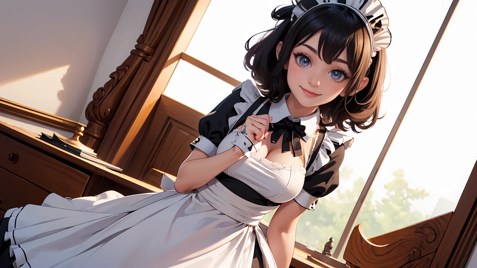 ((beautiful maid:1.5),high resolution, top quality),wearing maid's uniform,soft hands, big bright eyes, dark and vibrant curled hair, sweet smile, rosy cheeks, soft light, pure white background.