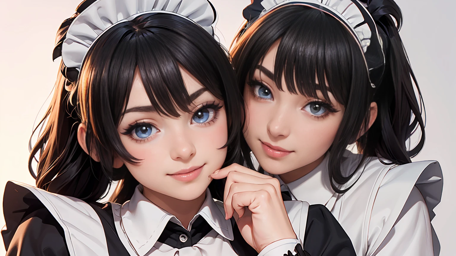 ((beautiful maid:1.5),high resolution, top quality),wearing maid's uniform,soft hands, big bright eyes, dark and vibrant curled hair, sweet smile, rosy cheeks, soft light, pure white background.  
