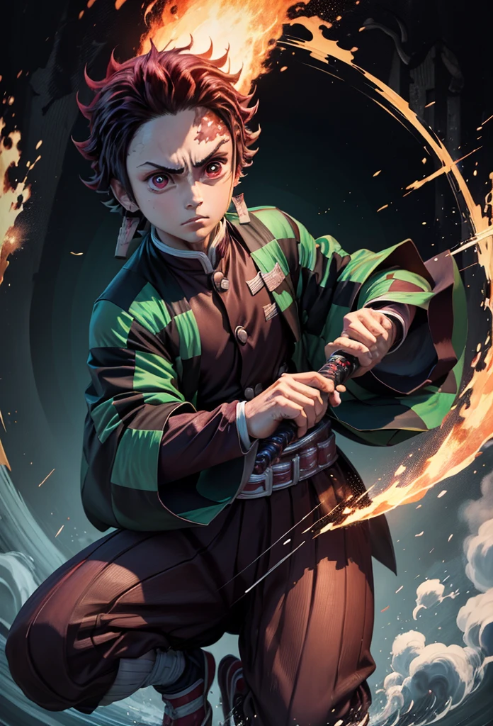 Kamado Tanjiro,(Kimetsu No Yaiba),Full Style,Ultra High Quality,Ultra High Resolution,Photograph 8K,Holding a Sword,One Boy,Ultra Detailed ,Demon Hunter Suit,Hino Kami Kagura Teknik