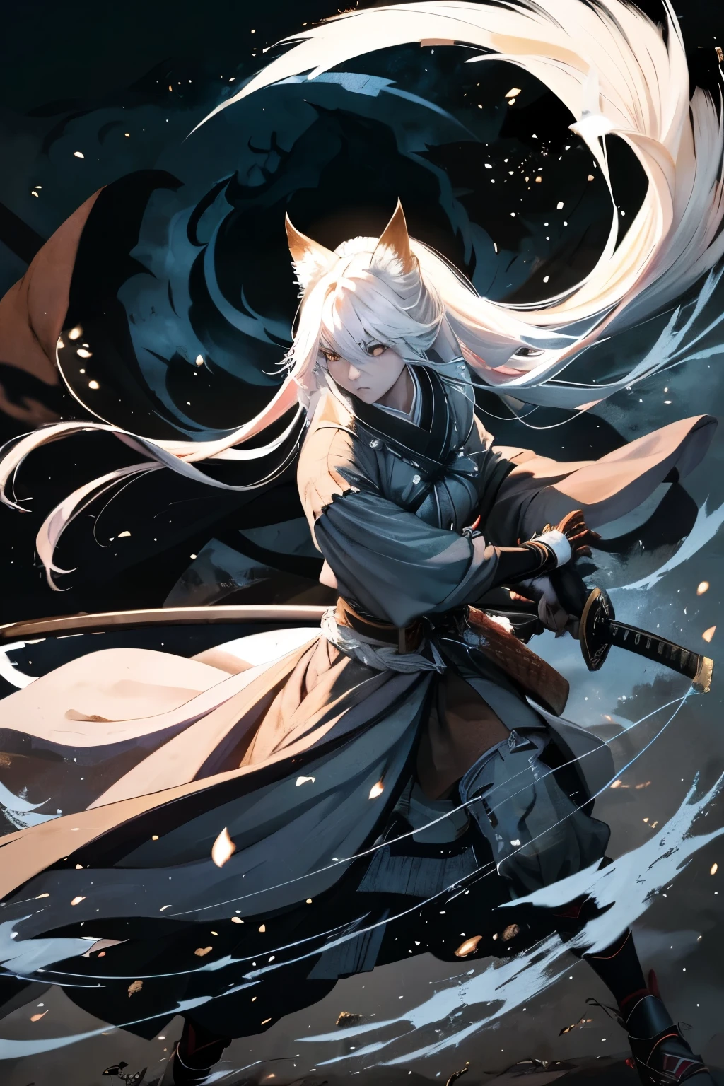 (Highest quality:1.3)。Battoujutsu。Nocturnal ghosts。One Woman。Beautiful woman。Long white straight hair。White Fox Ears。White fox tail。Samurai Raidro。Carry a large and small sword on your waist。Walking on unpaved roads。In the background is a beautiful moonlit night and distant mountains々is depicted.。