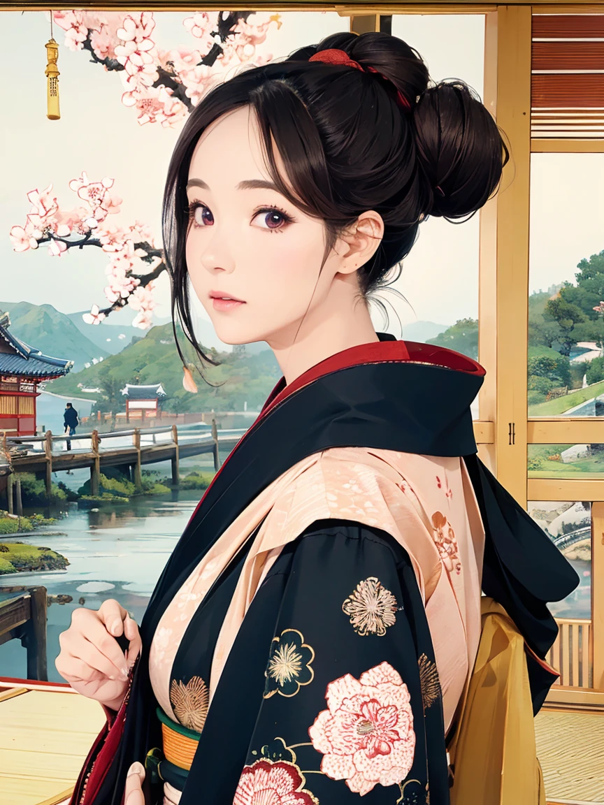 (Highest quality、 8k 、masterpiece、High resolution)、(whole body)、Vibrant colors、Brown-black bob、Traditional topknot、Ample breasts、(Highly detailed face and eyes,Beautiful Face,Beautiful Eyes,Beautiful nose,Pretty lips)、Official Art、Ukiyo-e style、 (Beautiful woman in kimono)、(Vivid floral patterned kimono)、background、river、bridge、Mountain、wood、Starry Sky、moon、plum、Lantern、Detailed CG、