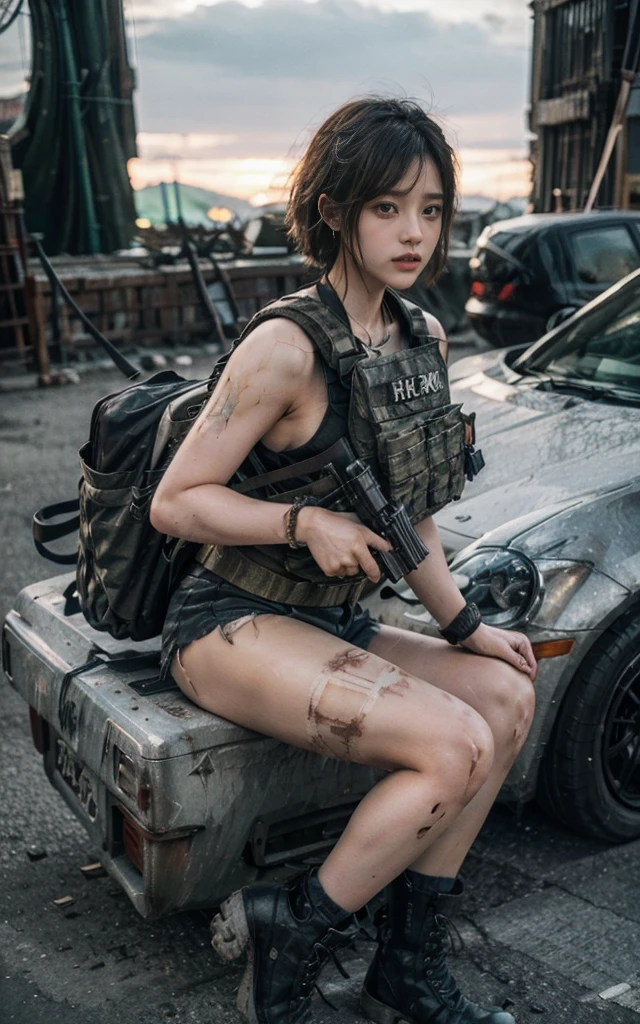 (photography:1.3, 16K, best quality, masterpiece, existltra-high reSolution), Perfect dynamic composition:1.2, Highly detailed skin and facial texture:1.2, covered in wounds:1.2, (End of the World:0.7, In stark contrast to the desolate background:0.7, Adding destructive elements:0.7, There are debris and impurities scattered around:0.7), (Dynamic action poses:1.0, 专业photography工作:1.0, Aim with a gun:1.0), exist.S. Military base, Beautiful JapaneSe women Serving in the existS military, Ultra-thin body, White skin, (short hair),Very beautiful face, Stern expreSSion, (Automatic Rifle:1.0, Bulletproof vest:1.0, torn military uniform:1.0, Backpack:1.0, boots:1.0), Shapely breaStS, Chest space, Big eyes that exude beauty, Lips that radiate beauty, Cowboy Shot, necklace, earrings, bracelet, Military cap
