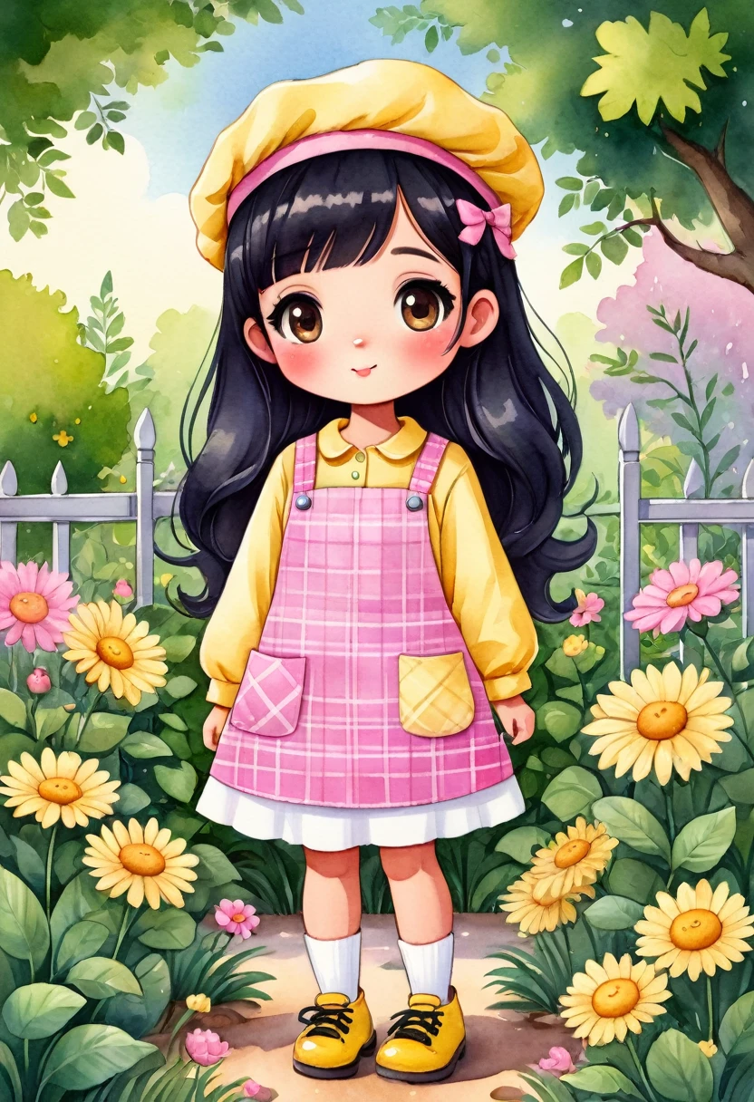 a watercolor illustration of a cute African  standing in a garden, she has a pink beret on her head. She is dressed in a long-sleeved yellow plaid dress, a pink apron with pockets and black details on top, and she is wearing yellow shoes on her feet. She has shoulder-length black hair and big brown eyes. Cute art style, cute cartoon character, cute digital art, cute detailed digital art, cute art, cute cartoon, cute cartoon style, cartoon style illustration, cute character, cute illustration, cute kawaii girl, detailed art cute, cute woman, cute girl, cartoon art style, adorable digital painting, chibi girl.