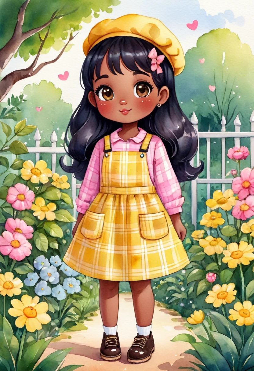 a watercolor illustration of a cute African  standing in a garden, she has a pink beret on her head. She is dressed in a long-sleeved yellow plaid dress, a pink apron with pockets and black details on top, and she is wearing yellow shoes on her feet. She has shoulder-length black hair and big brown eyes. Cute art style, cute cartoon character, cute digital art, cute detailed digital art, cute art, cute cartoon, cute cartoon style, cartoon style illustration, cute character, cute illustration, cute kawaii girl, detailed art cute, cute woman, cute girl, cartoon art style, adorable digital painting, chibi girl.