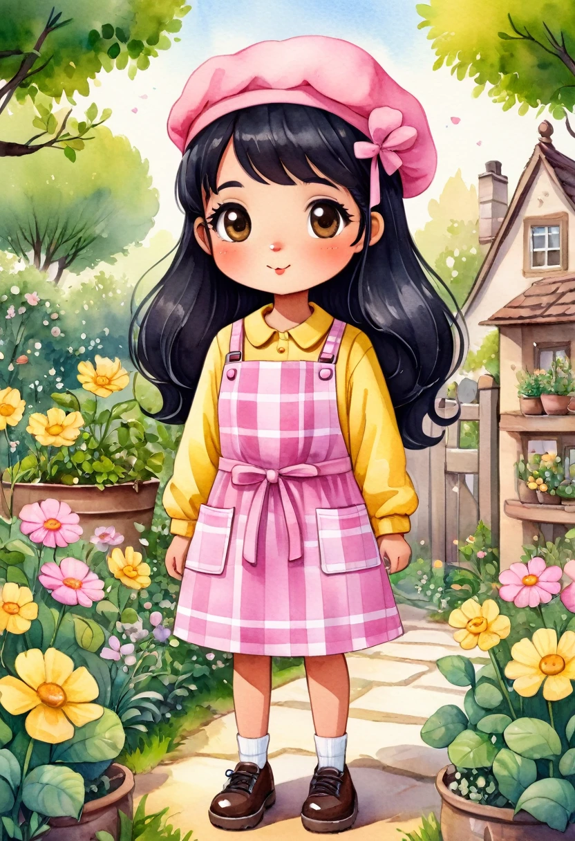 a watercolor illustration of a cute African  standing in a garden, she has a pink beret on her head. She is dressed in a long-sleeved yellow plaid dress, a pink apron with pockets and black details on top, and she is wearing yellow shoes on her feet. She has shoulder-length black hair and big brown eyes. Cute art style, cute cartoon character, cute digital art, cute detailed digital art, cute art, cute cartoon, cute cartoon style, cartoon style illustration, cute character, cute illustration, cute kawaii girl, detailed art cute, cute woman, cute girl, cartoon art style, adorable digital painting, chibi girl.