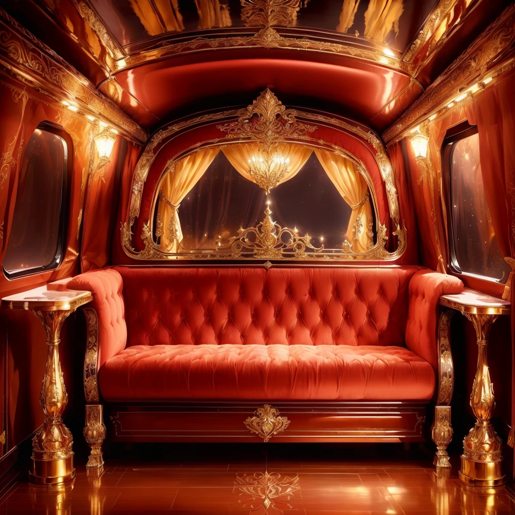 (masterpiece),(highest quality), highres, (extremely detailed), (best lighting) a close up of a luxurious crimson couch in a room with a window, elegant golden silk curtains on all windows, more curtains, ornate drapery, no items on the tables, royal interior, carriage, extremely opulent, baroque, elegant and ornate, gold and luxury materials, dark wood reflective floor, night sky view from windows, exquisitely designed throne room, encrusted ruby, symmetrical environment, red and golden color details, high end interior, luxurious environment, neo - gypsy caravan, in majestic, elegant interior, by Julia Pishtar