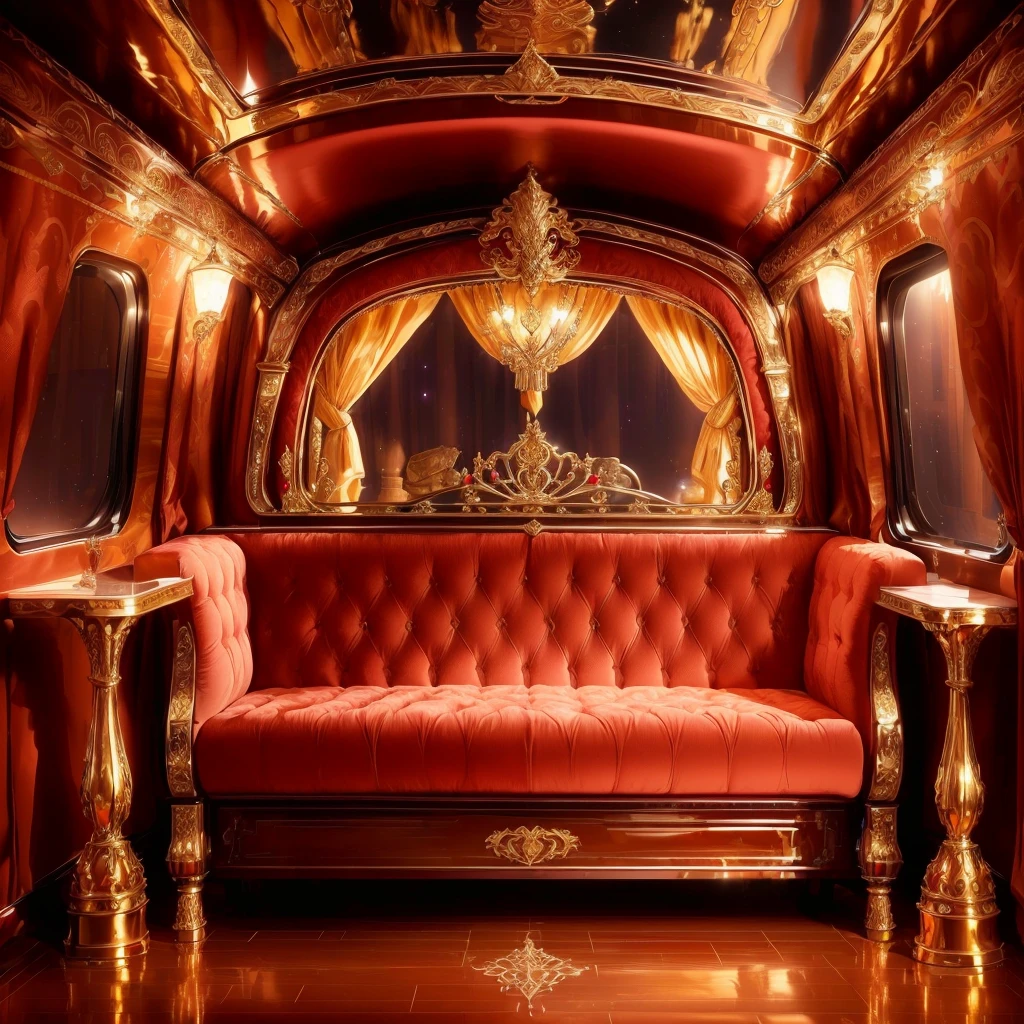 (masterpiece),(highest quality), highres, (extremely detailed), (best lighting) a close up of a luxurious crimson couch in a room with a window, elegant golden silk curtains on all windows, more curtains, ornate drapery, no items on the tables, royal interior, carriage, extremely opulent, baroque, elegant and ornate, gold and luxury materials, dark wood reflective floor, night sky view from windows, exquisitely designed throne room, encrusted ruby, symmetrical environment, red and golden color details, high end interior, luxurious environment, neo - gypsy caravan, in majestic, elegant interior, by Julia Pishtar