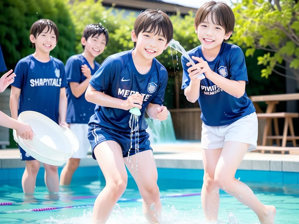 hot summer、、Summer swimming pool、It is sunny、Pouring water on each other、Audible laughter、A lot of boys、Get wet all over、Japan Boy、Glowing water splashes、Pool lessons、Boy playing in water、The happy boys、Strong sunlight、Short sleeve gym uniform、Blue shorts、barefoot,Boys only 、10Year old boy、9Year old boy、Highest quality、masterpiece