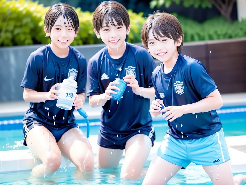 hot summer、primary school、Summer swimming pool、It is sunny、Pouring water on each other、Audible laughter、A lot of boys、Get wet all over、Japan Boy、Glowing water splashes、Pool lessons、Boy playing in water、The happy boys、Strong sunlight、Short sleeve gym uniform、Blue shorts、barefoot，Boys only 、１０Year old boy、９Year old boy、Highest quality、masterpiece