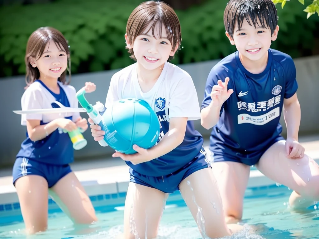 hot summer、、Summer swimming pool、It is sunny、Pouring water on each other、Audible laughter、A lot of boys、Get wet all over、Japan Boy、Glowing water splashes、Pool lessons、Boy playing in water、The happy boys、Strong sunlight、Short sleeve gym uniform、Blue shorts、barefoot，Boys only 、１０Year old boy、９Year old boy、Highest quality、masterpiece