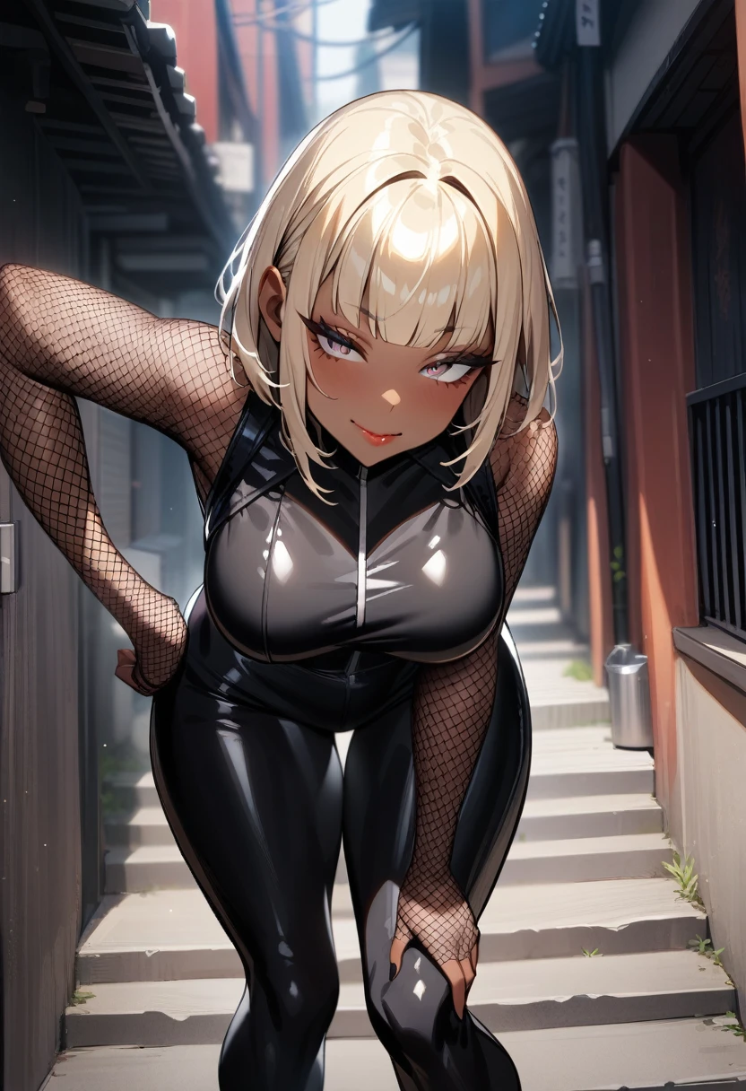 1girl,solo,super detailed skin,shiny skin,black skin,tanned skin,small smile ,pale blonde hair,short hair,blunt bangs,half open eyes,eyelashes,lips gloss,large breasts,fullbodysuit,fishnet arms,ninja clothes ,leaning forward,hand on hip,,Alleyway staircase,masterpiece,best quality,ultra detailed,high resolution,sharp focus