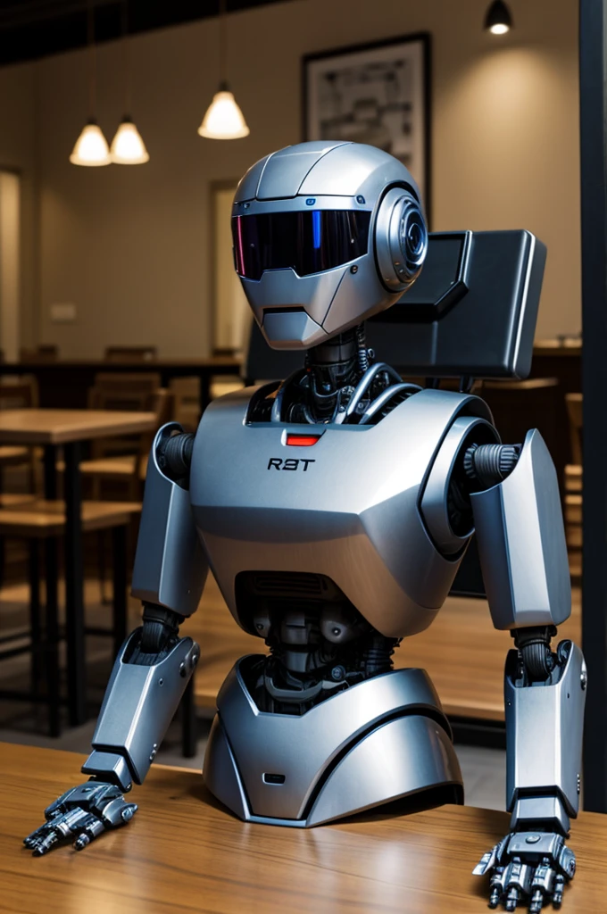 A robot sitting next to a table and tapping on the table