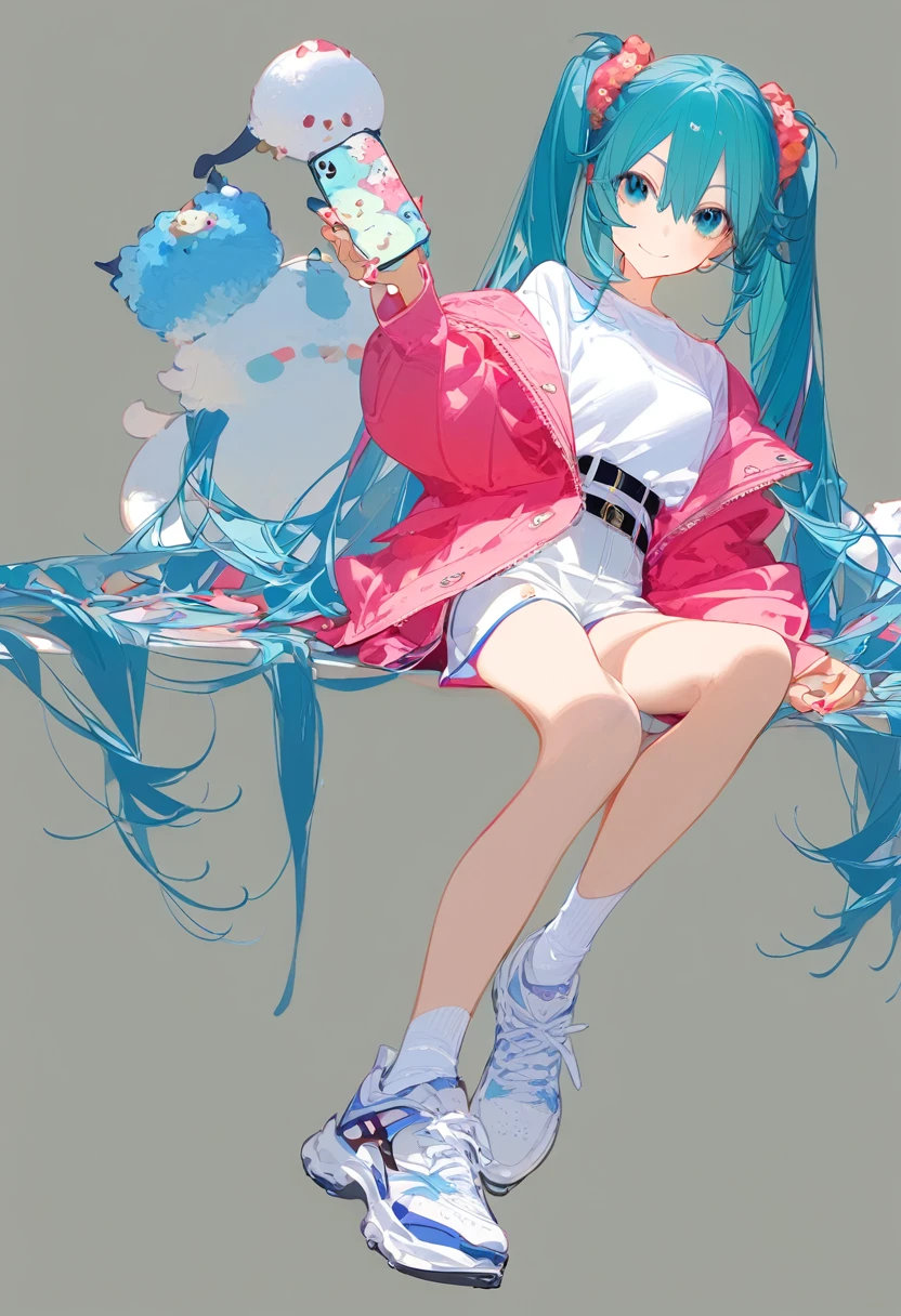 by yoneyama mai, 1girl, solo, hatsune miku, long hair, twintails, very long hair, shorts, sitting, white background, white shorts, jacket, socks, shoes, looking at viewer, head tilt, sneakers, holding, simple background, full body, phone, scrunchie, white socks, belt, pink jacket, blue hair, fingernails, holding phone, shirt, blue eyes, white footwear, hair ornament, cellphone, closed mouth, aqua eyes, smile, hair between eyes, long sleeves, bangs, hair scrunchie, aqua hair, nail polish, alternate costume, short shorts, white shirt, clothing cutout, smartphone