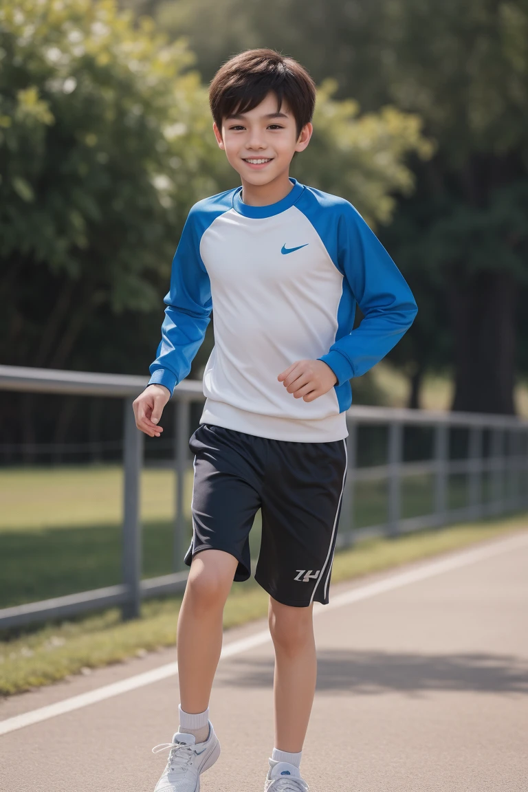 12-year-old boy,Smile,Spread your white and slender legs,jogging,full body,8K facial features are exquisite,Handsome boyish feeling,8k,masterpiece,((best quality)),photography,photograph