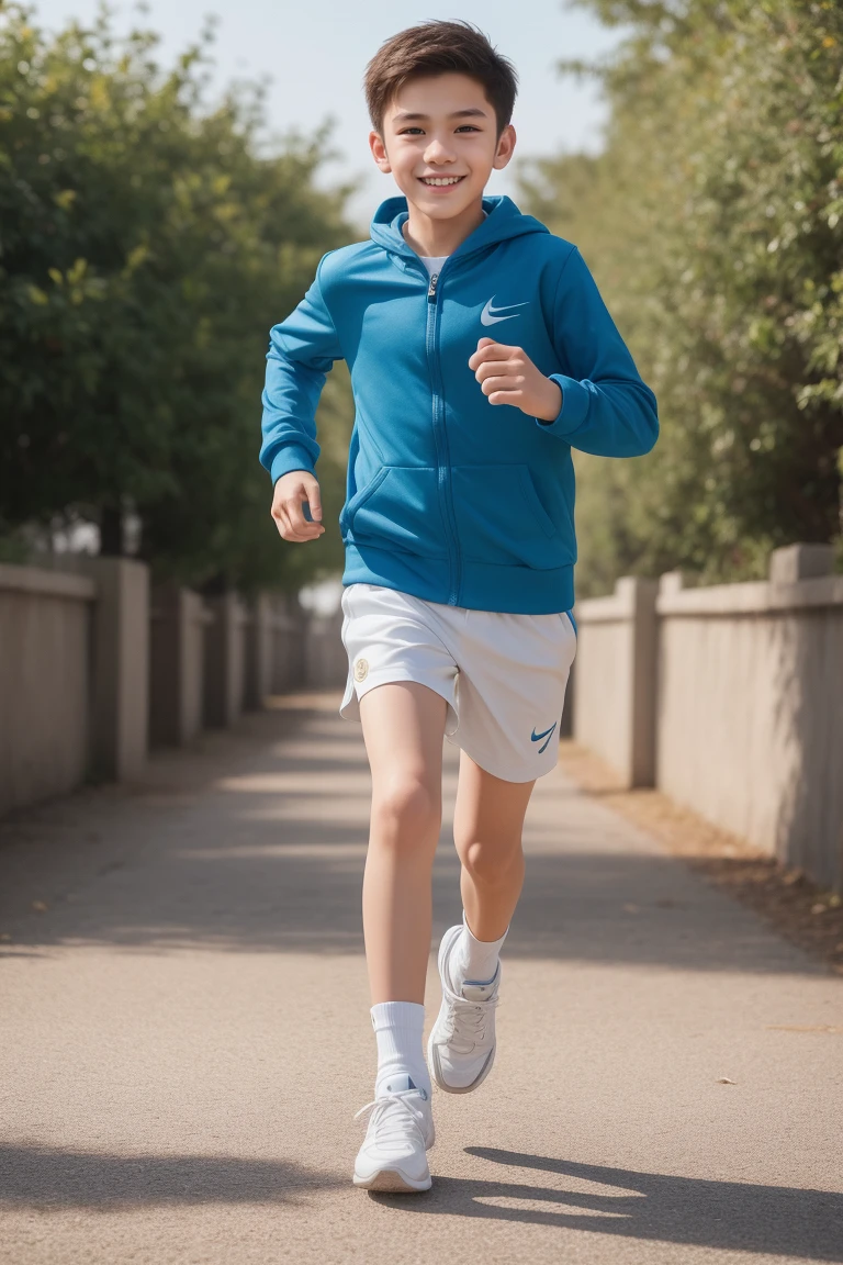 12-year-old boy,Smile,Spread your white and slender legs,jogging,full body,8K facial features are exquisite,Handsome boyish feeling,8k,masterpiece,((best quality)),photography,photograph