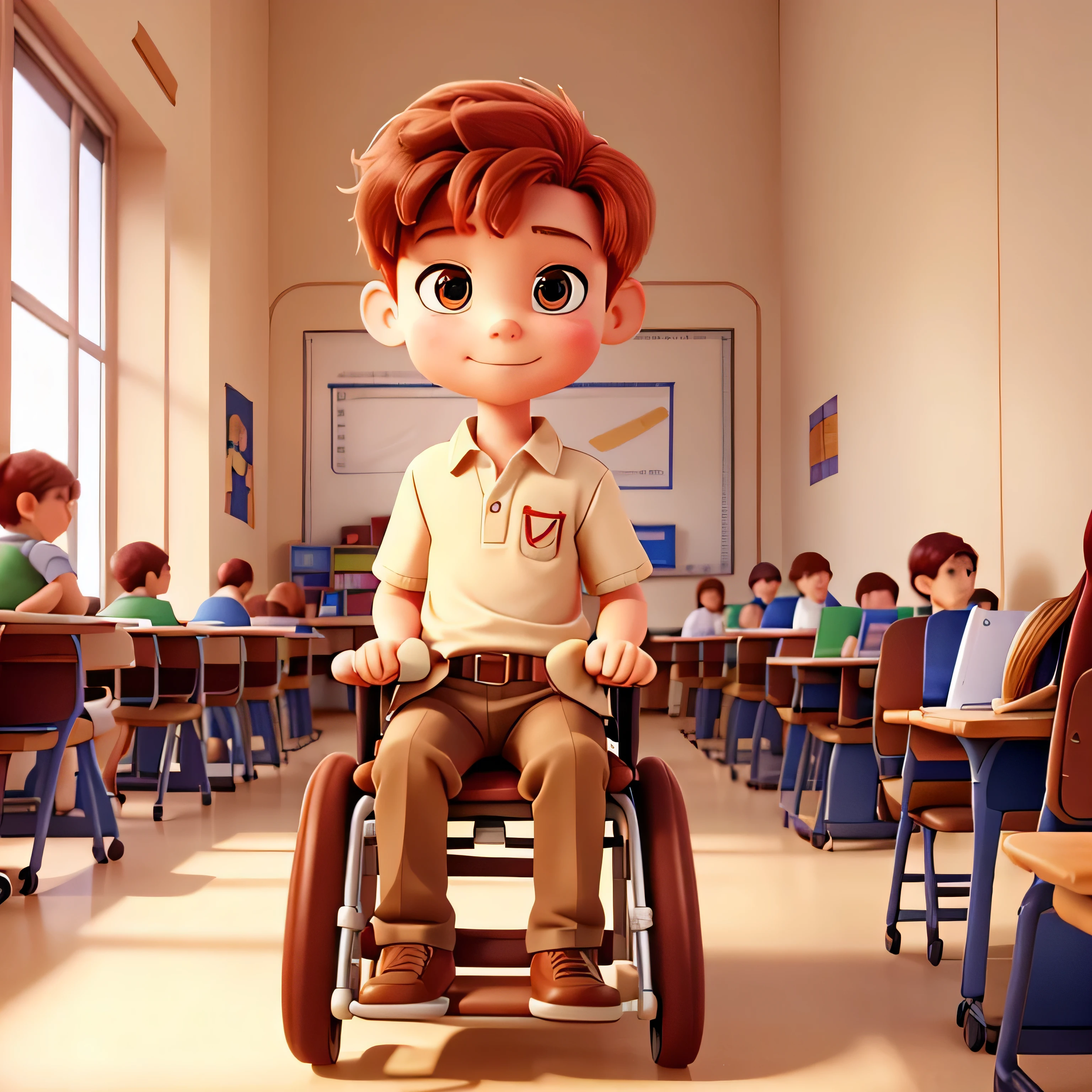 make an image of a classroom with beige walls. Not many visual stimuli, with a seven-year-old boy with red hair and brown eyes in a wheelchair