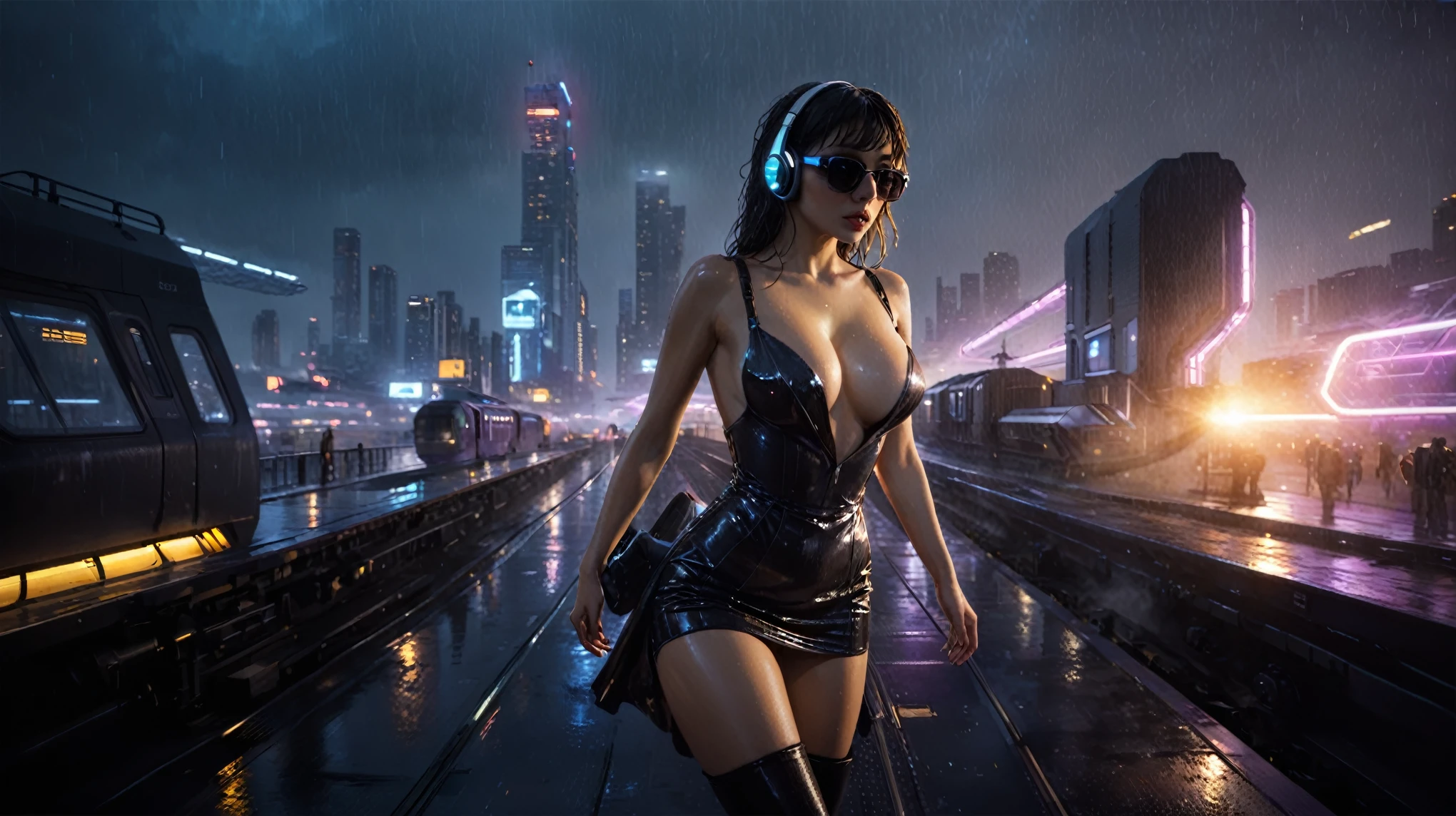 (((aerial view))), Blade Runner style futuristic railway platform, hi-tech train, neon lights, rainy night. (1girl, solo, alone), large-breast:1.2 slim body, cleavage:1.1, sexy wind blowing wet dress:1.4, headphone, (micro:0.8 black sunglasses), (((she raised a pistol:1.8 and shot:1.8 the viewer))), dynamic pose, (((half-body thigh level medium shot))), cinematic lighting, lens flare, ray tracing, zoom-in blurred:1.4 background.