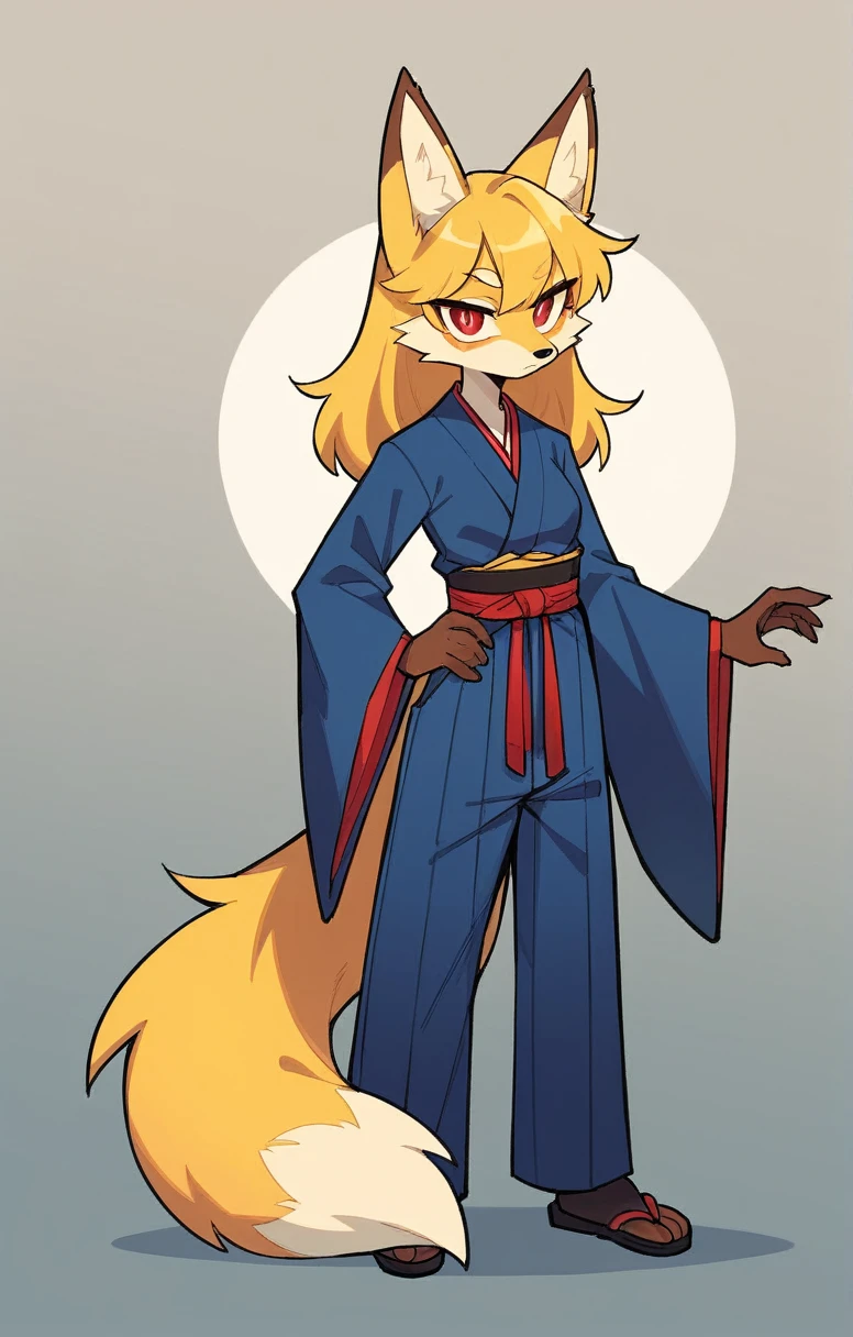 (full body,,The left hand is on the hip),((The right hand is out in front,Fluffy tail,,)),small breasts,Adult female fox,One Girl, Furry, Golden fur, Golden facial fur, long golden hair, The hair on his hands is golden, Golden yellow hair on the back of the hand, Light-filled eyes, Red eyes, Brown elements of fur,(Dark blue kimono,Dark blue hakama),Very fine fur, Fluffy tail,