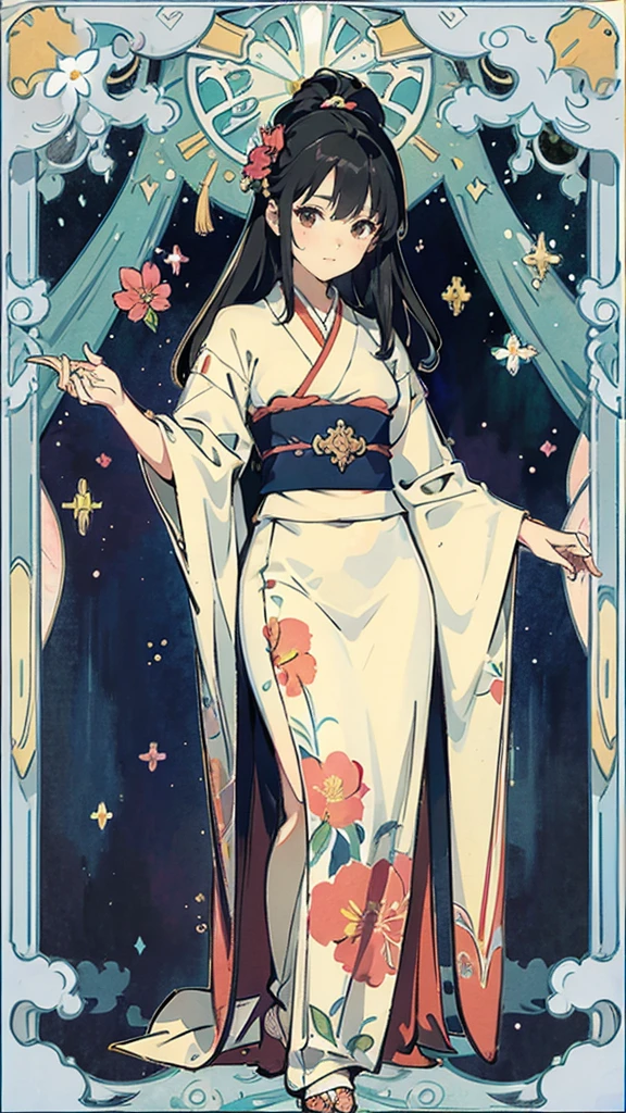 Tarot Cardasterpiece、Highest quality、Amazing details、Detailed Background、Line art、Written boundary depth、Flat Shading、Mucha style、Art Nouveau、Botanical Art、Flower Art、Surrounded by many flowers、、girl、、Japanese idol costumes from the 1980s、Vintage Color、colorful、Anatomically correct、plump、Expressive eyes、Perfect Face、Black Hair、Long Hair、Embarrassing、She is blushing