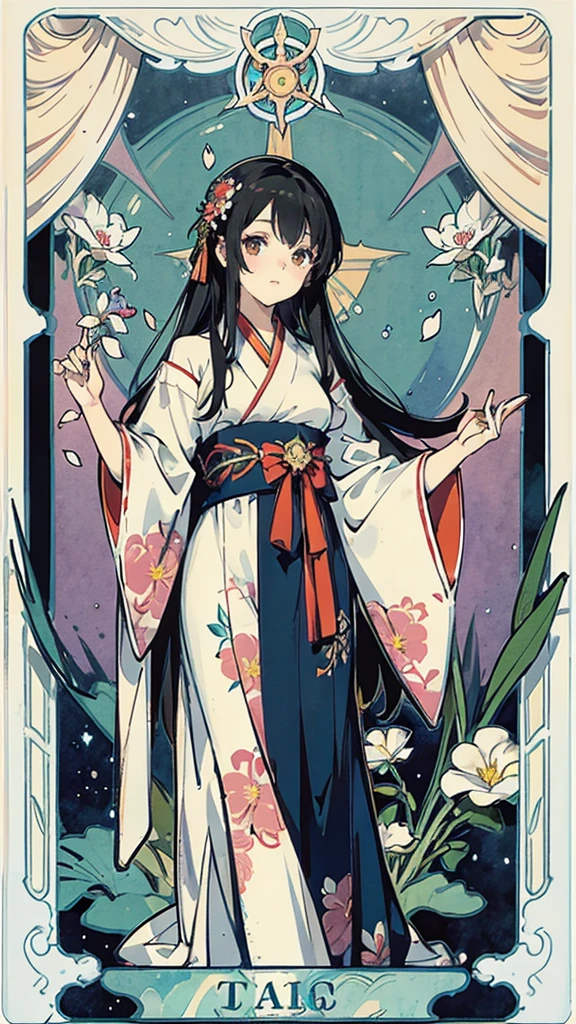 Tarot Cardasterpiece、Highest quality、Amazing details、Detailed Background、Line art、Written boundary depth、Flat Shading、Mucha style、Art Nouveau、Botanical Art、Flower Art、Surrounded by many flowers、、girl、、Japanese idol costumes from the 1980s、Vintage Color、colorful、Anatomically correct、plump、Expressive eyes、Perfect Face、Black Hair、Long Hair、Embarrassing、She is blushing