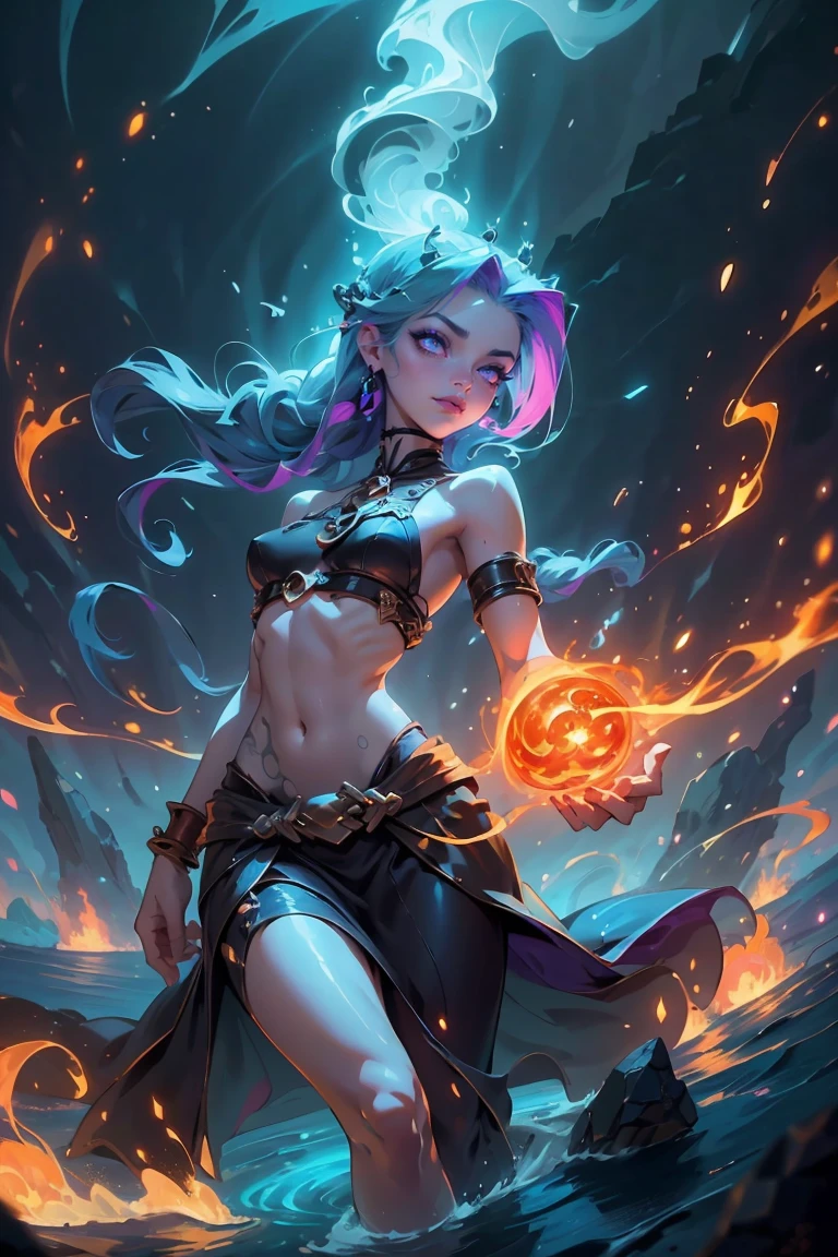 Goddess ((goddess-like woman)), slim elegant silhouette, masterpiece, (close angle), best quality, pale skin, fair skin, sweet face, (masterpiece:1,2, best quality), (real picture, intricate details), (1 lady , solo, medium tits, slim waistline, ), ((Jinx/LOL)), a woman withe very very long hair, Fire hair, glowing eyes, purple glowing eyes, she has an impressive presence.,beautiful eyes, floating hair, burning hair, flame hair, hair made of flames, [twisted vines: elegant female figure bending light and elements, wrapped in a long flowing dress, slow shutter speed, Flame body, water body, earth body, air body, element body, element figure, fire figure, water figure, earth figure, air figure, natural proportions, duotone, depth of field, Chapter: 6 ]  thigh gap, sweet irresistible smile, elegant pose, elegant hands, beautiful hands, perfect fingers, background: Landscape, mountains, sea, stormy, burn