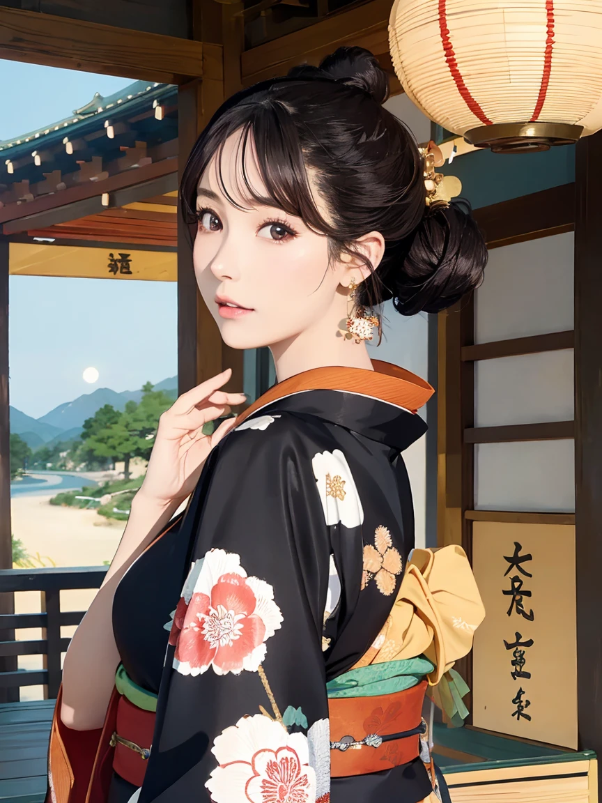 (Highest quality、 8k 、masterpiece、High resolution)、(whole body)、Vibrant colors、Brown-black bob、Traditional topknot、Ample breasts、(Highly detailed face and eyes,Beautiful Face,Beautiful Eyes,Beautiful nose,Pretty lips)、Official Art、Ukiyo-e style、 (Beautiful woman in kimono)、(Vivid floral patterned kimono)、background、river、bridge、Mountain、wood、Starry Sky、moon、plum、Lantern、Detailed CG、