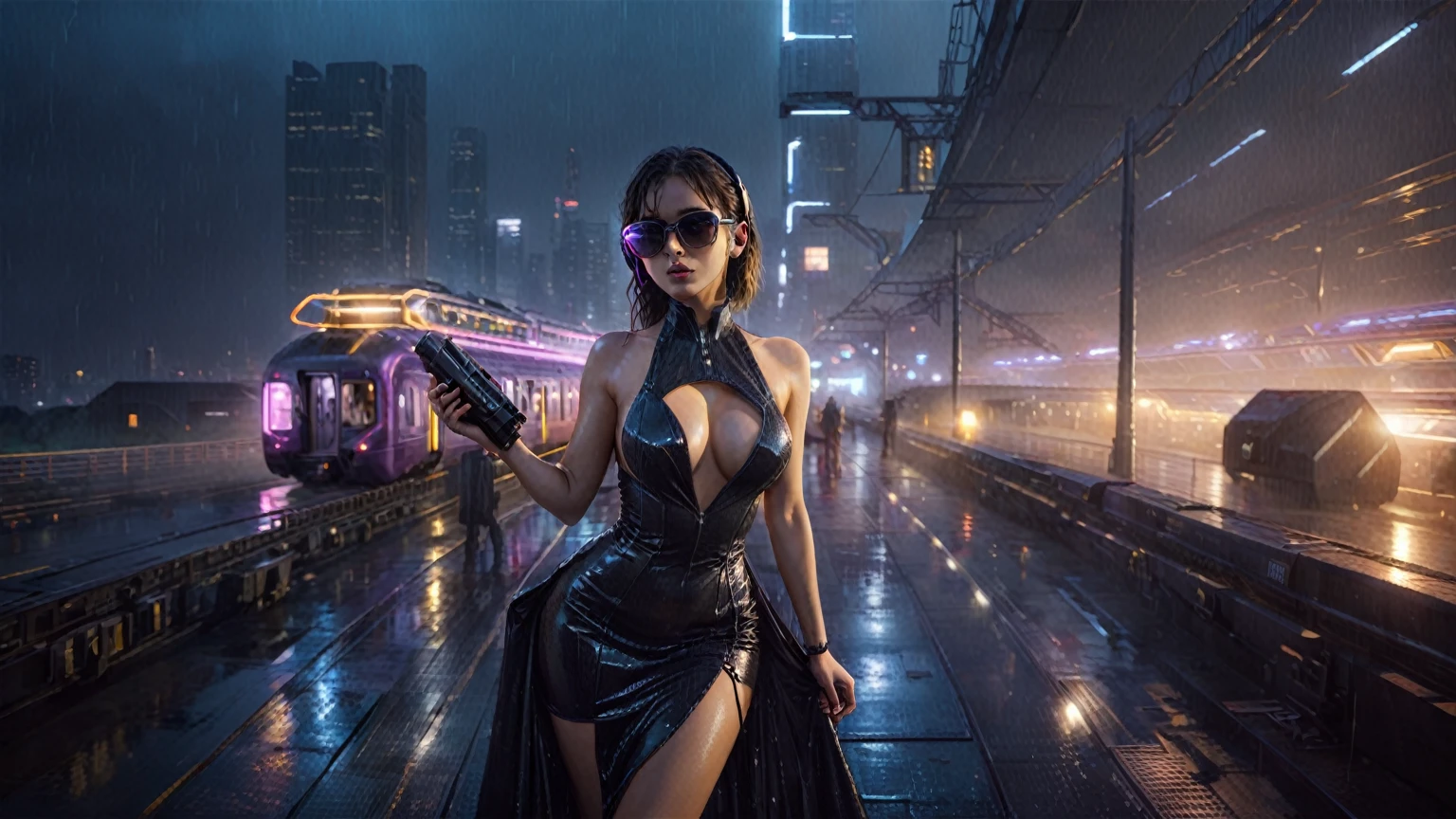 (((aerial view))), Blade Runner style futuristic railway platform, hi-tech train, neon lights, rainy night. (1girl, solo, alone), large-breast:1.2 slim body, cleavage:1.1, sexy wind blowing wet dress:1.4, headphone, (micro:0.8 black sunglasses), (((she raised a pistol:1.8 and shot:1.8 the viewer))), dynamic pose, (((half-body thigh level medium shot))), cinematic lighting, lens flare, ray tracing, zoom-in blurred:1.4 background.