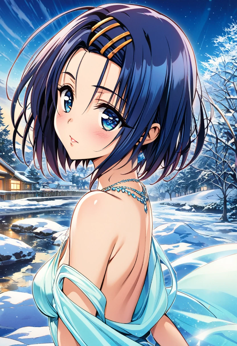 ,One girl, sairenji haruna,blue short hair,blue eyes,forehead,hair pin,cool colors, winter landscape, ice princess,Style of Yabuki Kentaro, To Love-Ru art style,masterpiece, highest quality, Detailed face, Beautiful and detailed eyes, Beautiful Face, Perfect body, Official Art, grand plix award illustration, Professional Lighting