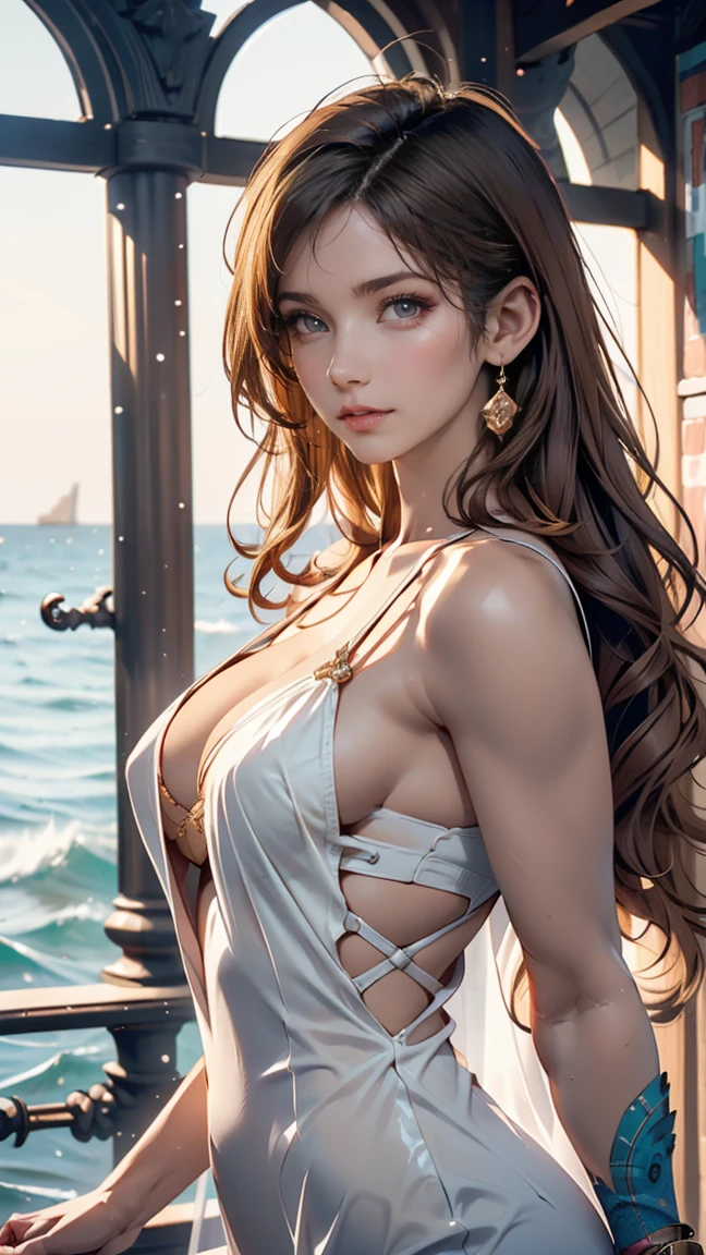 ( high quality , Super detailed, Watch your hands )Zodiac sign - Gemini Goddess , Similar to the goodness of Latin , Twin Goddesses , Curious, Skillful, Humorous, Fascinating, Imaginative faces , Sometimes unrealistic, Restless, Nervous, Careless style , Light brown eyes , Light blonde hair , Transparent dress , In the windy sea , whole body , Sexy Makeup ,