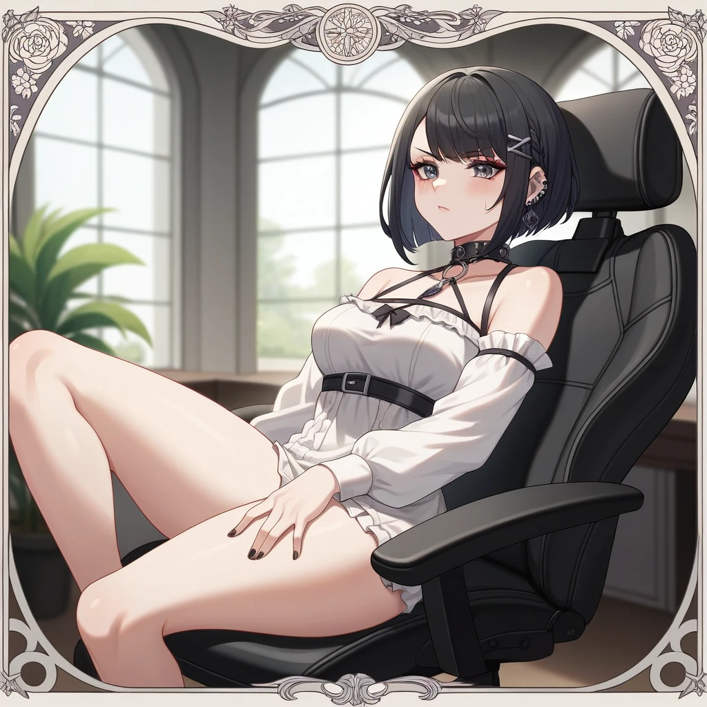 Adult, Female, Black hair, goth girl, gothic aesthetic, goth clothing, goth make up, thick thighs, medium chest, annoyed, disgruntled, sitting in gaming chair, gt racing chair, black and white chair, Masterpiece, Accurate, Anatomically Correct, Best Quality, High Details, Detail, Super Detailed, Best detail, Perfect detail, Amazing detail, [-3, 3], Art Nouveau, 