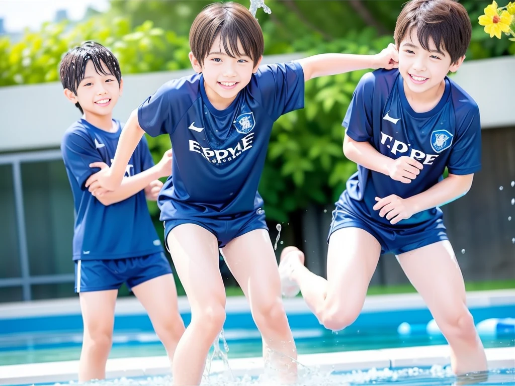 hot summer、primary school、Summer swimming pool、It is sunny、Pouring water on each other、Audible laughter、A lot of boys、Get wet all over、Japan Boy、Glowing water splashes、Pool lessons、Boy playing in water、The happy boys、Strong sunlight、Short sleeve gym uniform、Blue shorts、barefoot,Boys only 、10Year old boy、9Year old boy、Highest quality、masterpiece