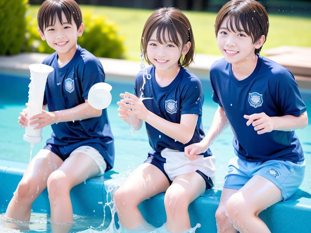 hot summer、、Summer swimming pool、It is sunny、Pouring water on each other、Audible laughter、A lot of boys、Get wet all over、Japan Boy、Glowing water splashes、Pool lessons、Boy playing in water、The happy boys、Strong sunlight、Short sleeve gym uniform、Blue shorts、barefoot,Boys only 、10Year old boy、9Year old boy、Highest quality、masterpiece