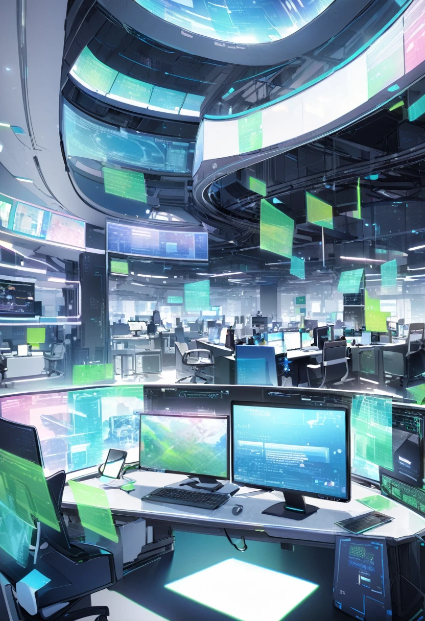 Draw a futuristic digital office.。The PC and monitor are placed in the center.、Depict a space with holograms and digital displays all around。Use blue and green hues、Please create a design that conveys trust and hope for the future.。A bright and spacious office space where the latest technology and modern office furniture come together々Please describe the office environment.。
