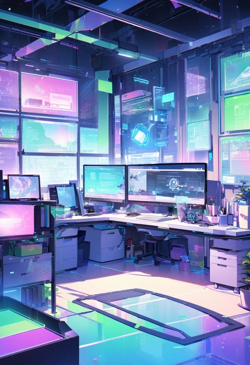 Draw a futuristic digital office.。The PC and monitor are placed in the center.、Depict a space with holograms and digital displays all around。Use blue and green hues、Please create a design that conveys trust and hope for the future.。A bright and spacious office space where the latest technology and modern office furniture come together々Please describe the office environment.。