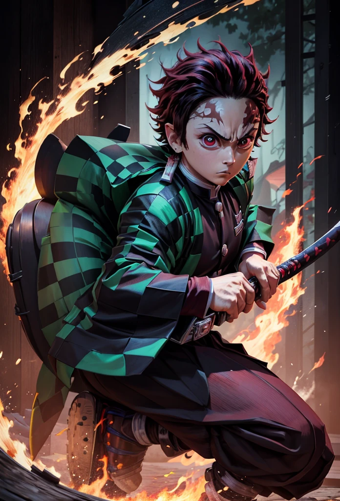 Kamado Tanjiro,(Kimetsu No Yaiba),Full Style,Ultra High Quality,Ultra High Resolution,Photograph 8K,Holding a Katana,One Boy,Ultra Detailed ,Demon Hunter Suit,Hino Kami Kagura Teknik