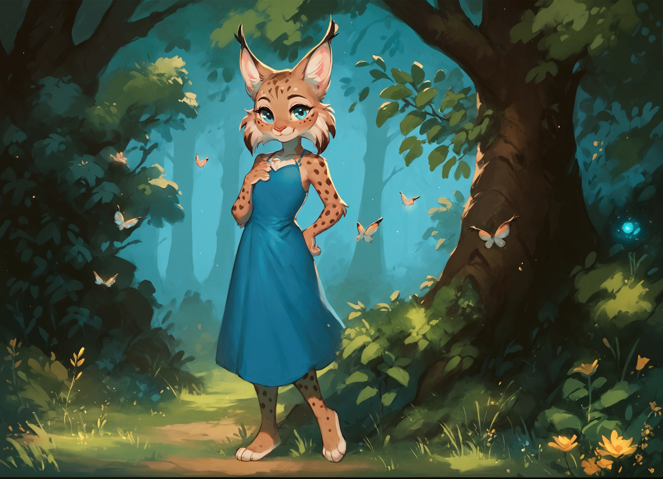 score_9, score_8_up, score_7_up, score_6_up, 1lynx, she smiles, she has big blue eyes, she is very beautiful and cute, she has 4 fingers, she wears blue dress, flat chest, magic forest is on the background 