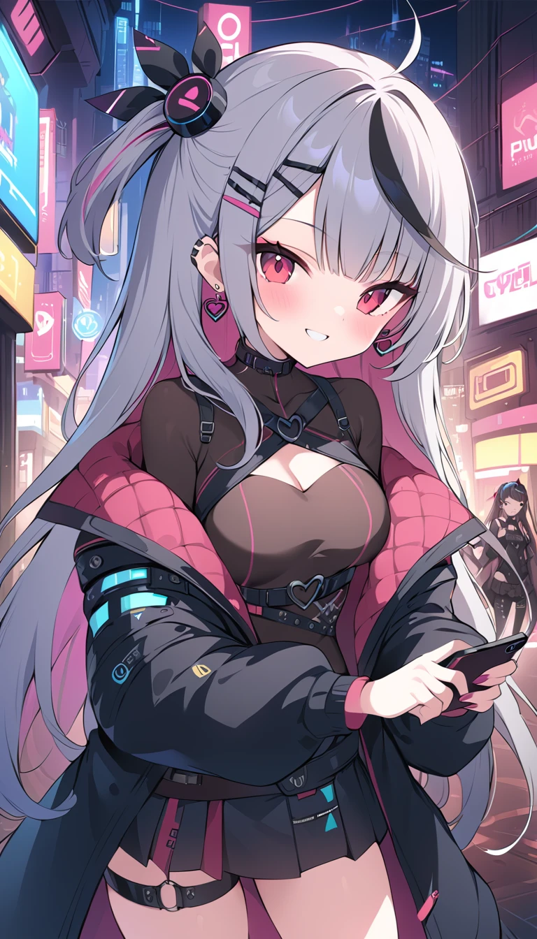 Highest quality, masterpiece, Ultra-high resolution,City of night,Standing woman,Neon Town, Have a smartphone,cyber punk vibe, cyber punk art style, cyber punk vibes, digital cyber punk - anime art, cyber punk themed art, cyber punk anime art, digital cyber punk anime art, in cyber punk style, cyber punk artstyle, has cyber punk style, anime cyber punk art, in cyber punk city, cyber punk art, cyber punk))), cyber punk style, style of cyber punk ,Red eyes,Seraphim, skirt, Multicolored Hair, Grey Hair, Striped Hair, hair ornaments, smile, Black Hair, ,Black jacket, Earrings, Braiding, tooth,Long Hair,Octance 4K, Attention to detail