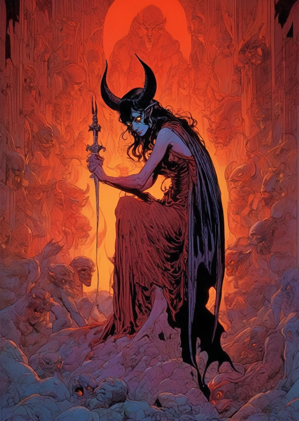 An image in art nouveau style, surreal and abstract. A woman dances in a dark room illuminated by several candles, her shadow reflected on the wall is in the shape of a demon.