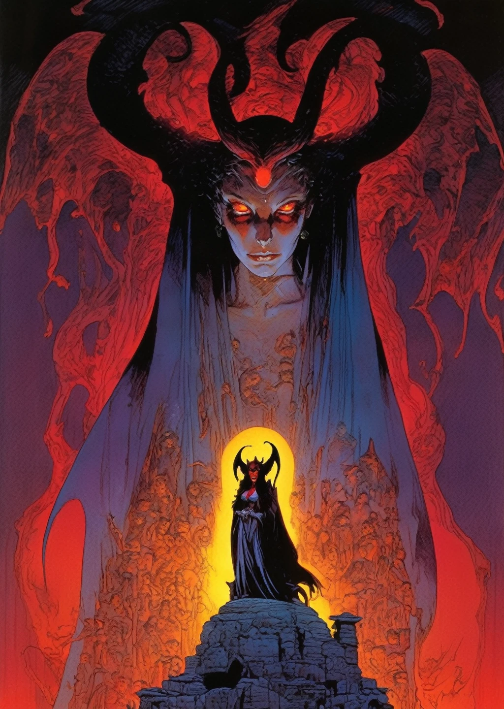 1 succubus , glowing eyes, detailed, colorful, blood ritual, gradient dramatic lighting, shadow,
(best quality)
art by Jean Giraud, more detail hell of succubus dungeon.
