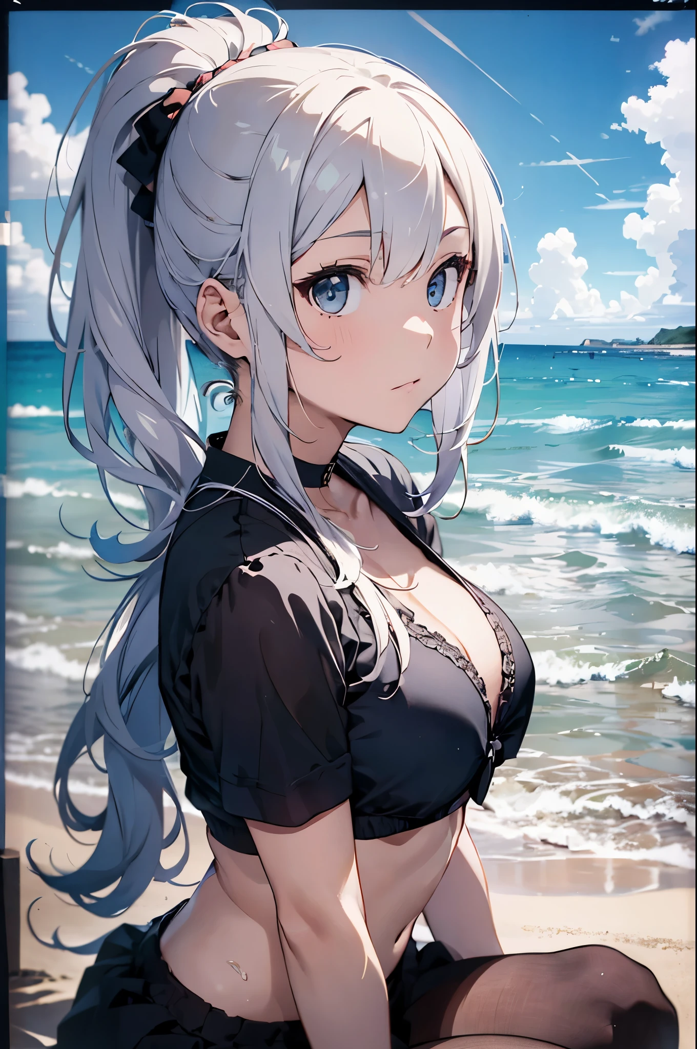 High resolution,
One beautiful young woman,Silver Hair、ponytail、
(Soft Saturation:1.3), (Fair skin:1.2),
(ultra-Detailed Background, Detailed Background), Bokeh,
break'Portrait of a smiling girl.,
When viewed from the front, The composition is symmetrical,
Looking straight at you with serious eyes,
break Swimwear、Center of chest,
Outdoor, Sea surface, null, sunlight,Summer beach, Sandy Beach,
Strong light, Front lighting,
(:1.3), (Cowboy Shot:1.2),
Front brake angle,
View your audience,
Dynamic pose,
sitting on the beach
Seaweed、Seaweed、Seaweed、Seaweed、Seaweed、Seaweed、Seaweed、