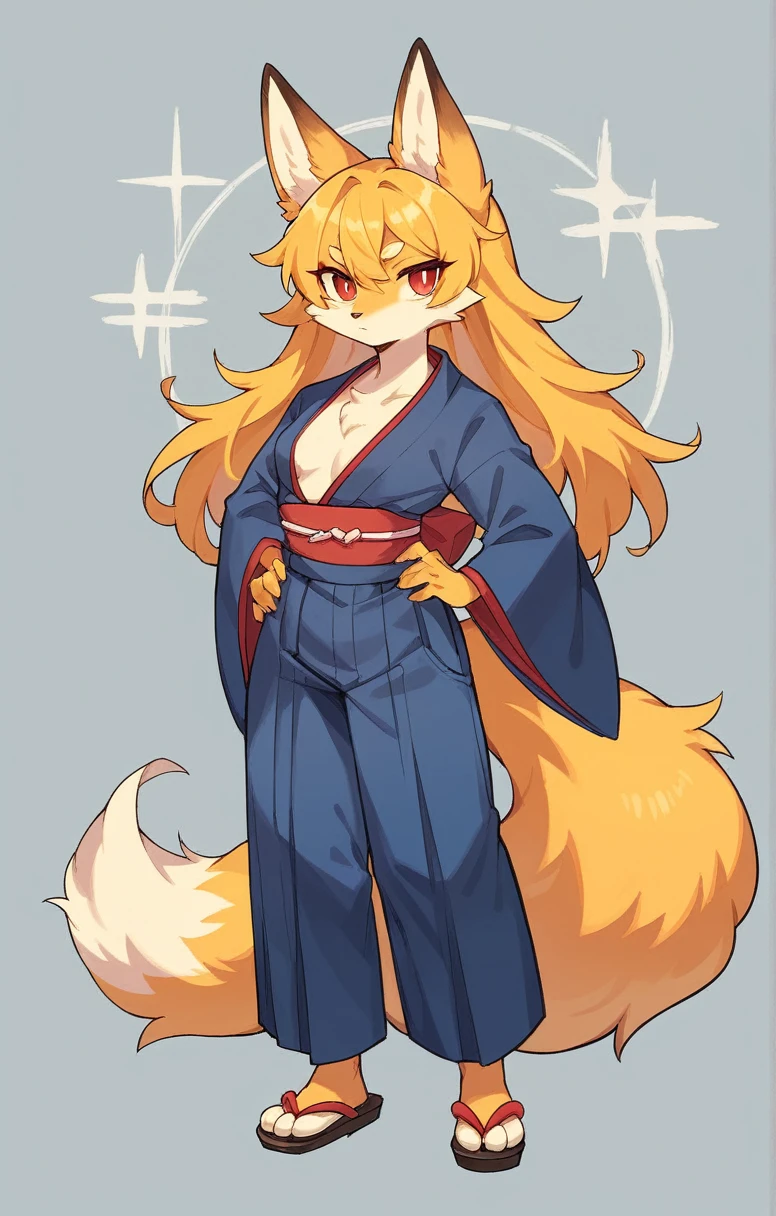 (full body,,The left hand is on the hip),((The right hand is out in front,Fluffy tail,,)),small breasts,Adult female fox,One Girl, Furry, Golden fur, Golden facial fur, long golden hair, The hair on his hands is golden, Golden yellow hair on the back of the hand, Light-filled eyes, Red eyes, Brown elements of fur,(Dark blue kimono,Dark blue hakama),Very fine fur, Fluffy tail,
